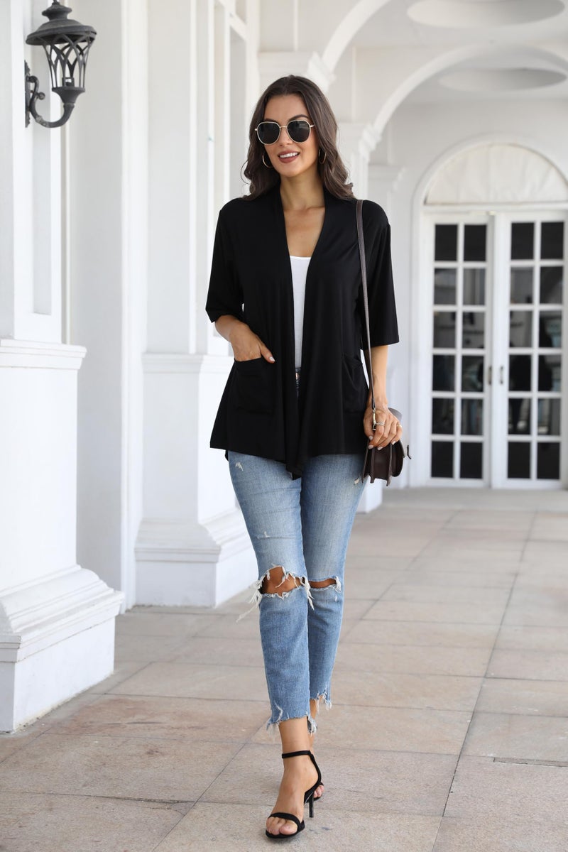 ADANIKI Women 2026 Summer Lightweight Cardigan, Short Sleeve Open Front Casual Trendy Womens Kimono Cover Up with Pocket (Black, S) - Image 2